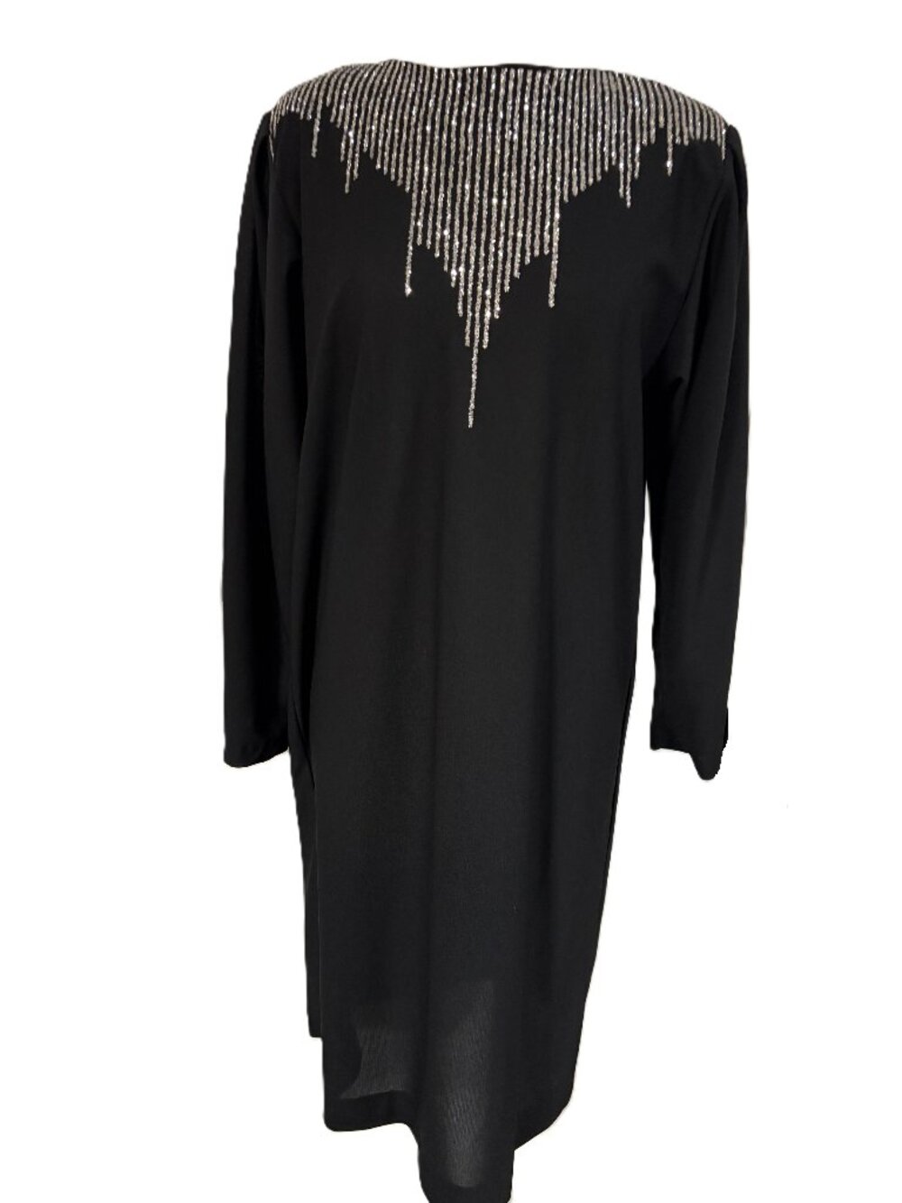 Vintage Sears Black Glitter Fringe Dress Size 10 80s 90s Evening Glam
